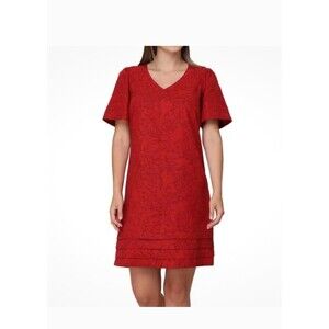 Nicole Miller Linen Blend Dress V-Neck Short Sleeves Lightweight Red W XL